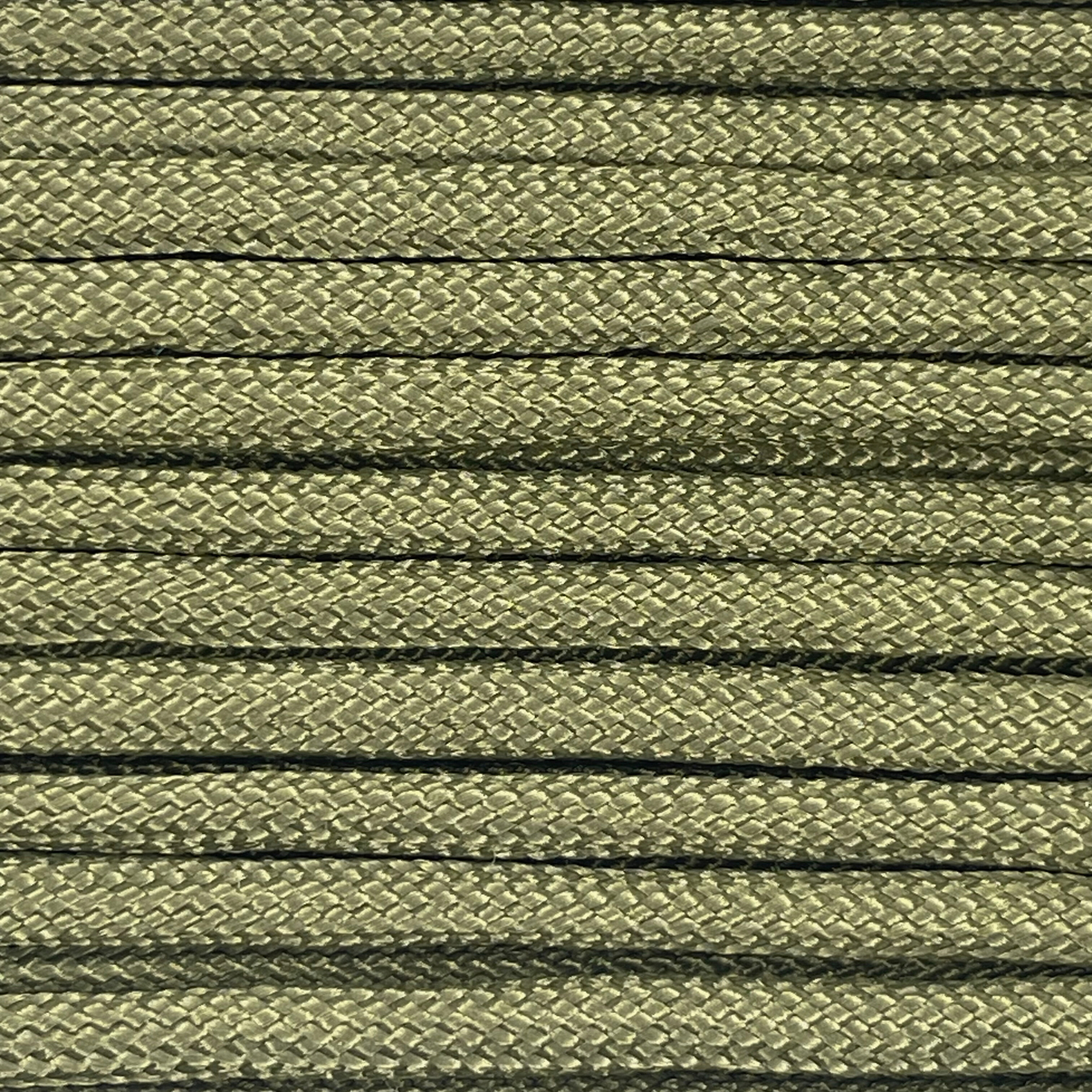 Close-up image of army green 550 paracord, showcasing the vibrant colour and texture of the material.