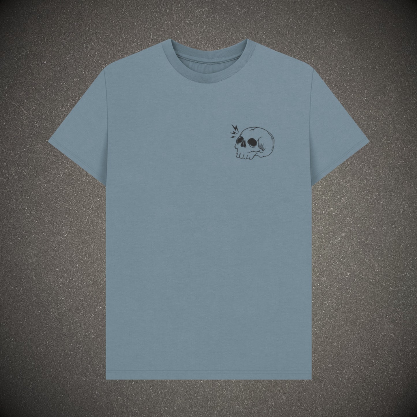 Stone blue t-shirt on a dark grey background, the t-shirt has a skull logo print.