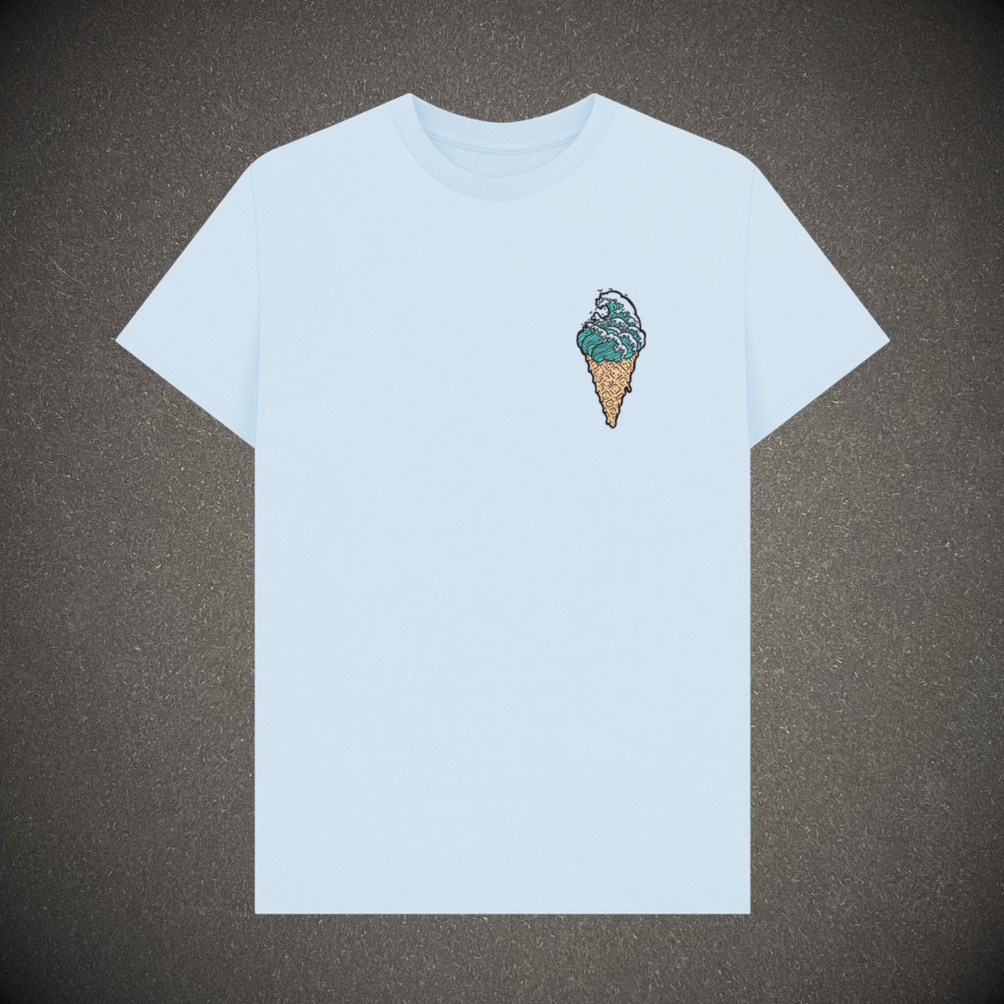 Sky blue t-shirt on a dark grey background, the t-shirt has an ice cream in the shape of waves as a logo print.