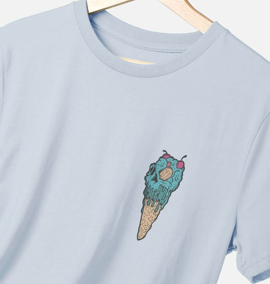 Stone blue t-shirt on a white background, the t-shirt has an ice cream skull logo print.