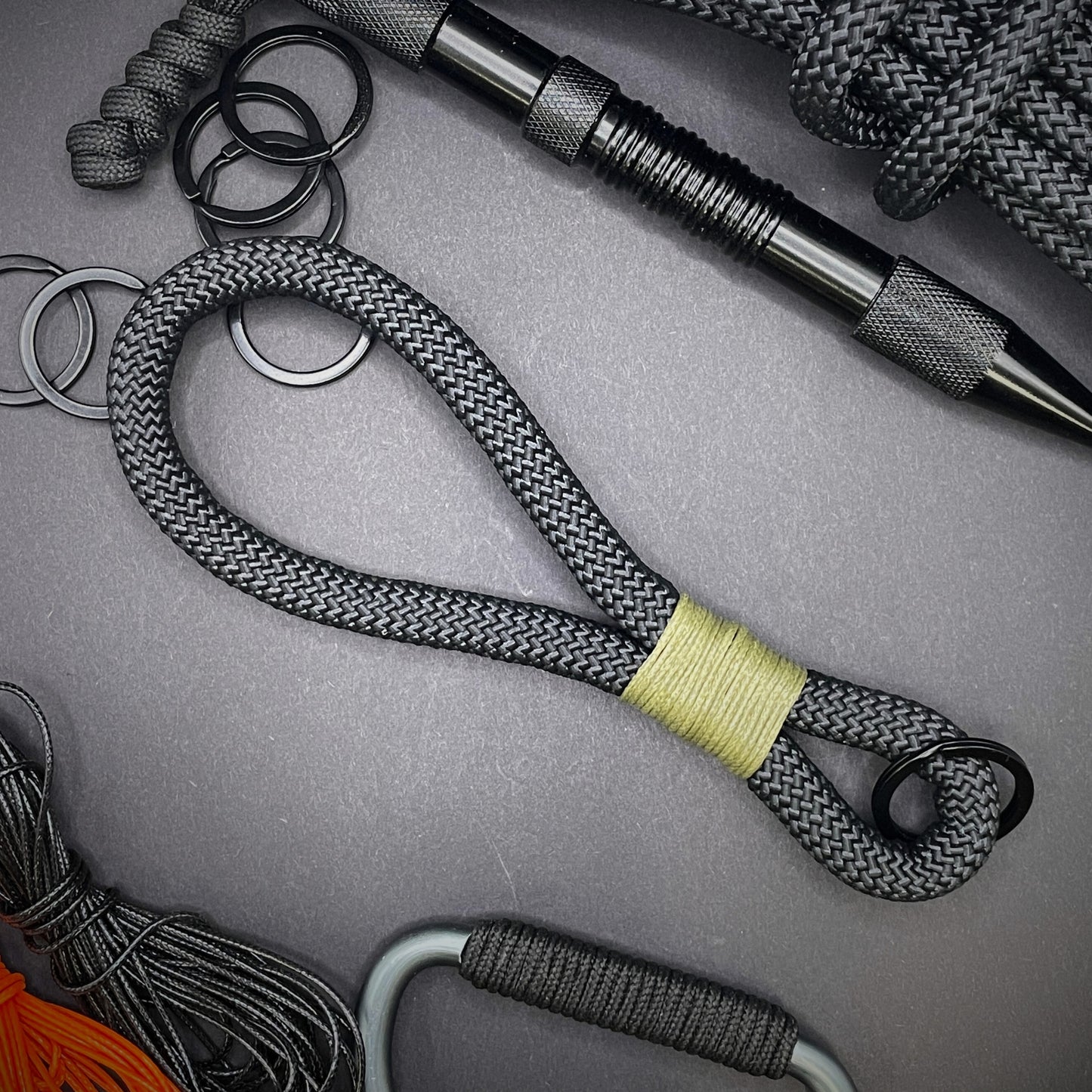 10mm Rope Keychain with Waxed Cotton Wrap and Black Split Ring