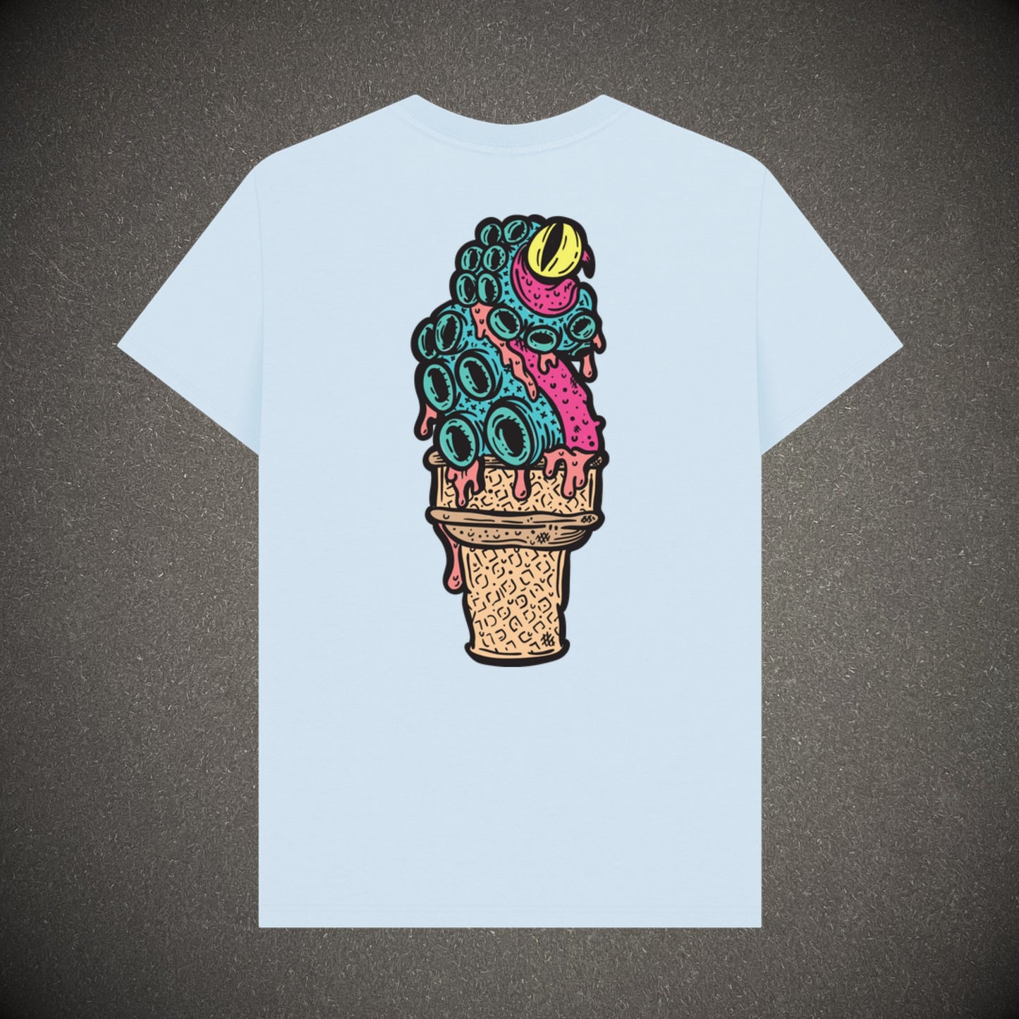 Sky blue t-shirt on a dark grey background, the t-shirt has an ice cream octopus logo print.
