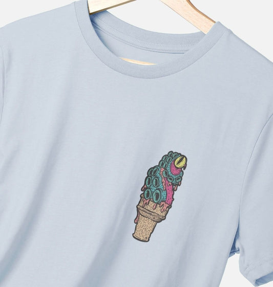 Sky blue t-shirt on a white background, the t-shirt has an ice cream octopus logo print.