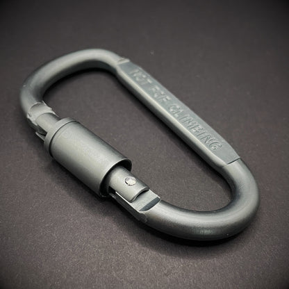Grey carabiner marked 'NOT FOR CLIMBING' on a dark grey background.