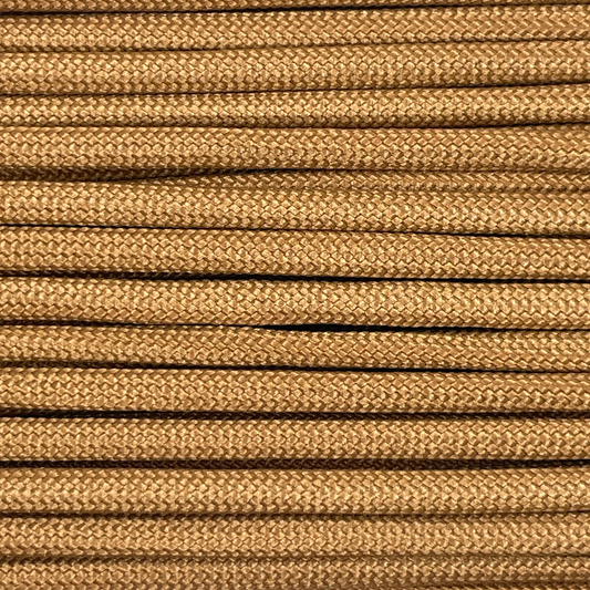 Close-up image of brown 550 paracord, showcasing the vibrant colour and texture of the material.