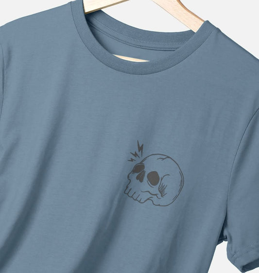 Stone blue t-shirt on a white background, the t-shirt has a skull logo print. 