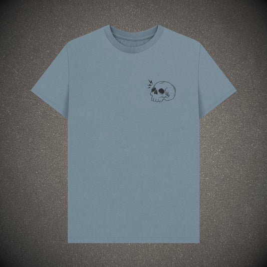 Stone blue t-shirt on a dark grey background, the t-shirt has a skull logo print.