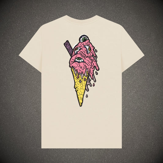 Oat coloured t-shirt on a dark grey background, the t-shirt has an ice cream with eyes in as a back print.