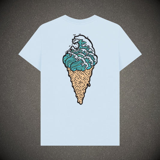 Sky blue t-shirt on a dark grey background, the t-shirt has an ice cream in the shape of waves as a large back print.