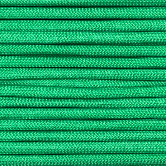 Close-up image of green 550 paracord, showcasing the vibrant colour and texture of the material.