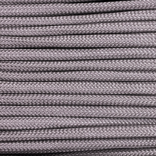Close-up image of grey 550 paracord, showcasing the vibrant colour and texture of the material.