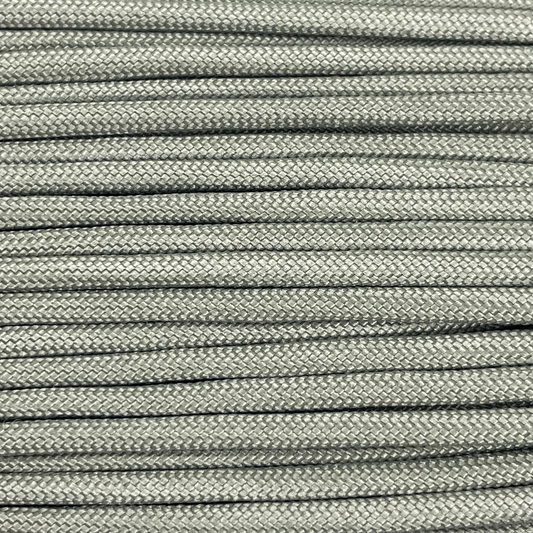 Close-up image of grey green 550 paracord, showcasing the vibrant colour and texture of the material.