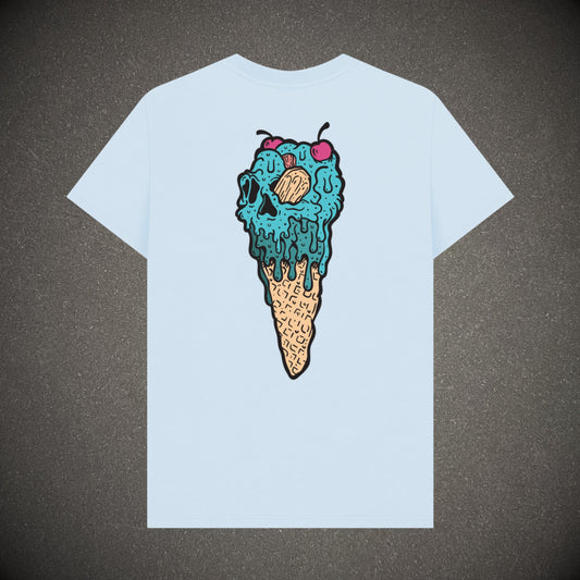 Stone blue t-shirt on a dark grey background, the t-shirt has an ice cream skull back print.