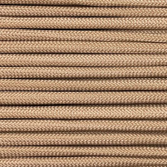 Close-up image of Khaki 550 paracord, showcasing the vibrant colour and texture of the material.