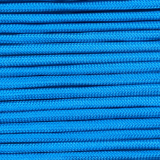 Close-up image of light blue 550 paracord, showcasing the vibrant colour and texture of the material.