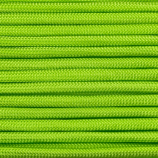 Close-up image of lime green 550 paracord, showcasing the vibrant colour and texture of the material.