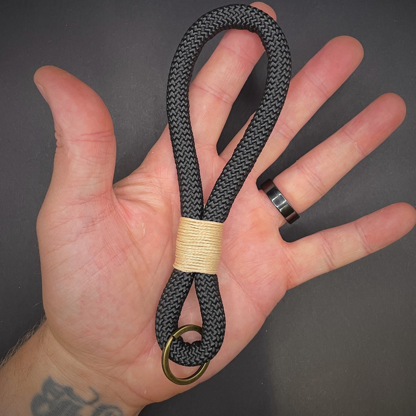 10mm Rope Keychain with Waxed Cotton Wrap and Antique Brass Split Ring