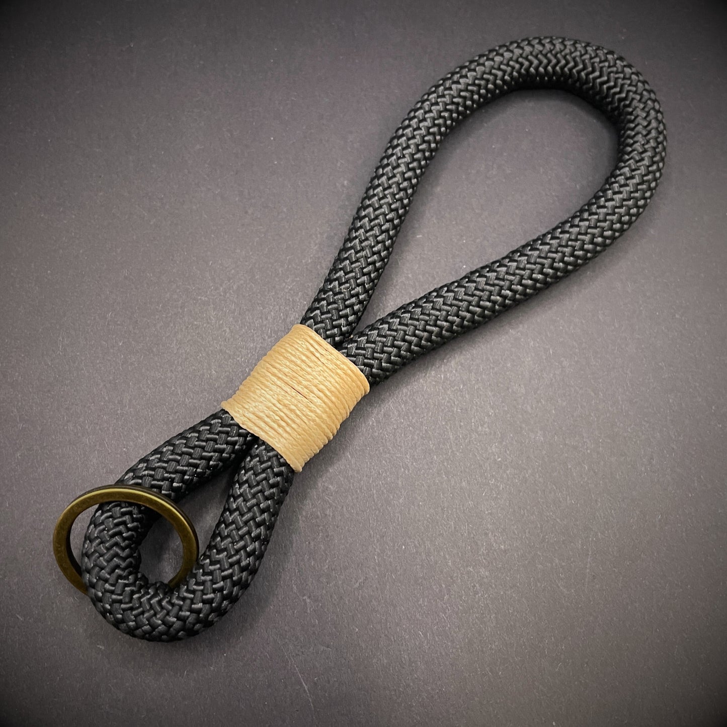 10mm Rope Keychain with Waxed Cotton Wrap and Antique Brass Split Ring