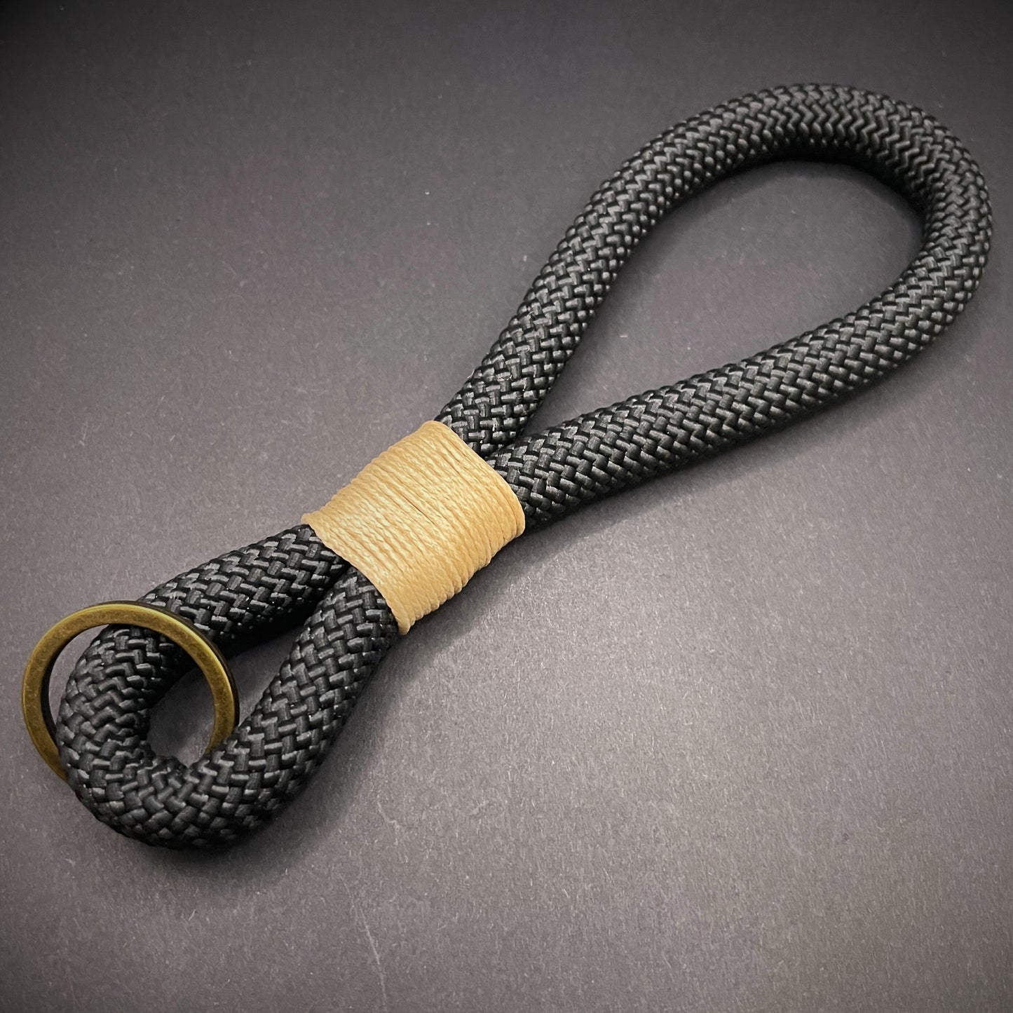 10mm Rope Keychain with Waxed Cotton Wrap and Antique Brass Split Ring