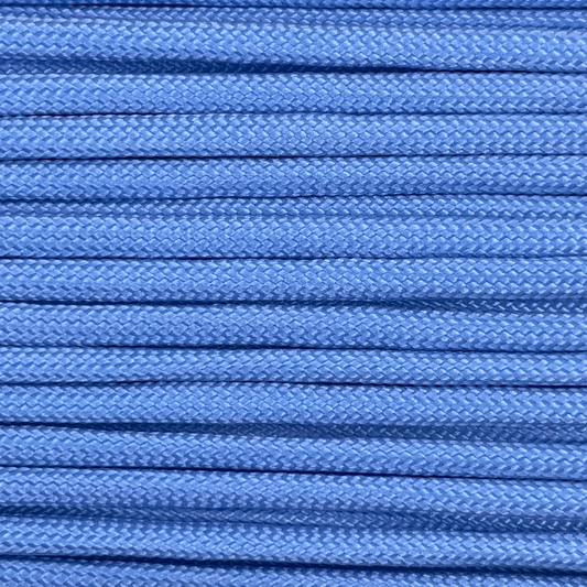 Close-up image of sky blue 550 paracord, showcasing the vibrant colour and texture of the material.