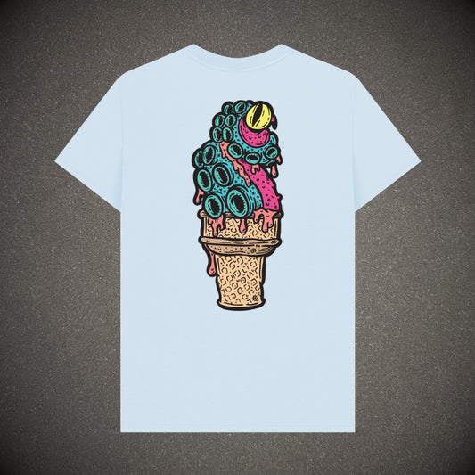 Sky blue t-shirt on a dark grey background, the t-shirt has an ice cream octopus logo print. 