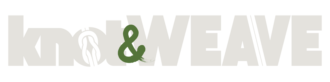 Knot & Weave wordmark logo, white letter with a green & in the centre.